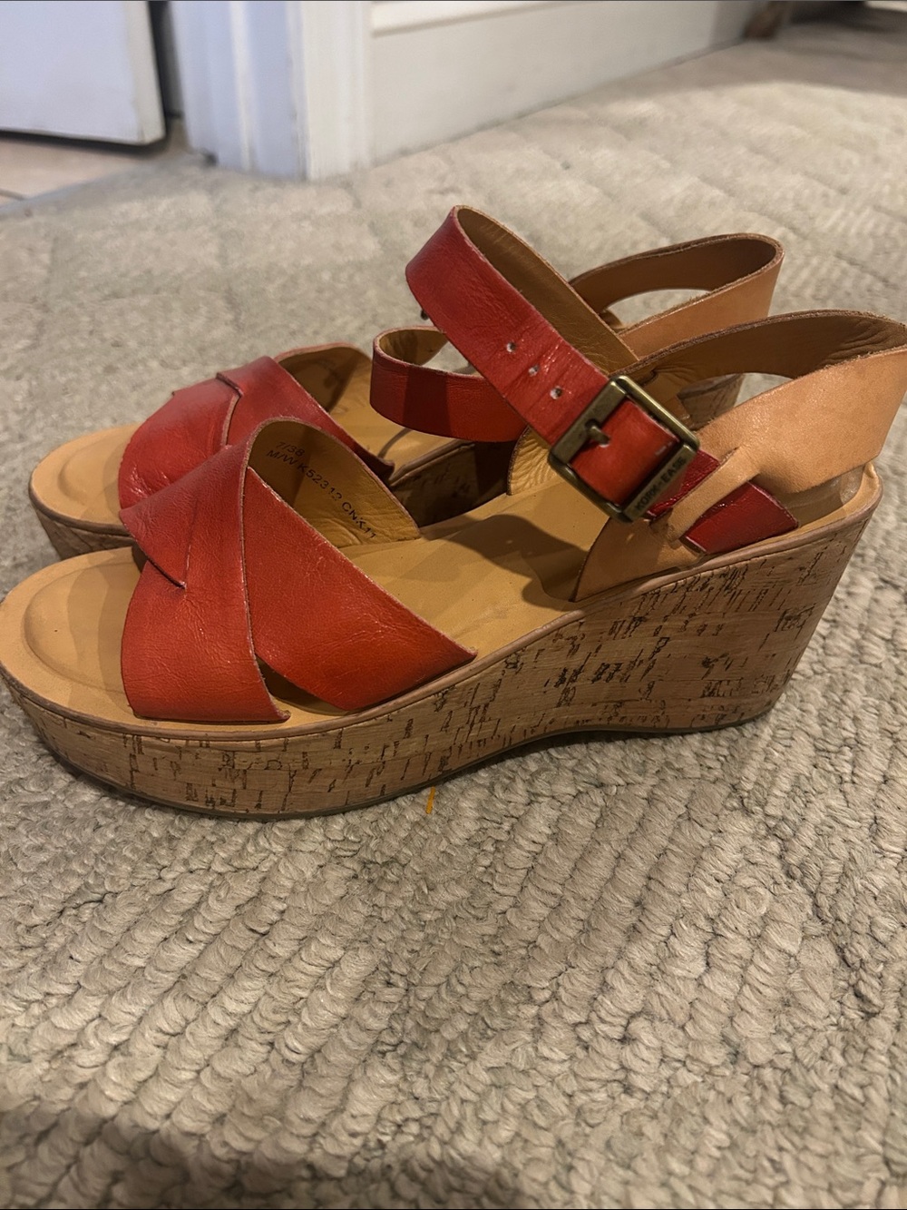 Kork-Ease Women's Red Leather Cork Wedge Sandals